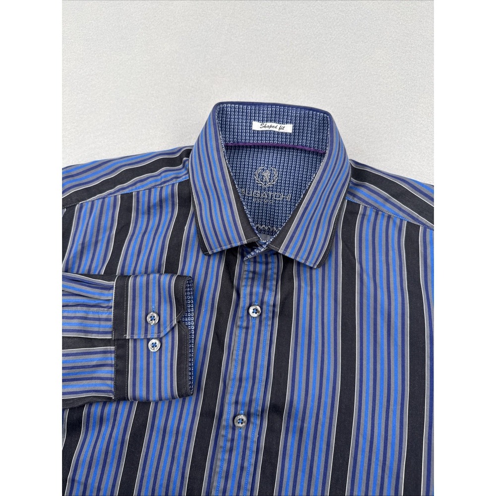 Bugatchi Shaped Fit Long Sleeve Button Down Mens M Blue Striped‎ Flip Cuff